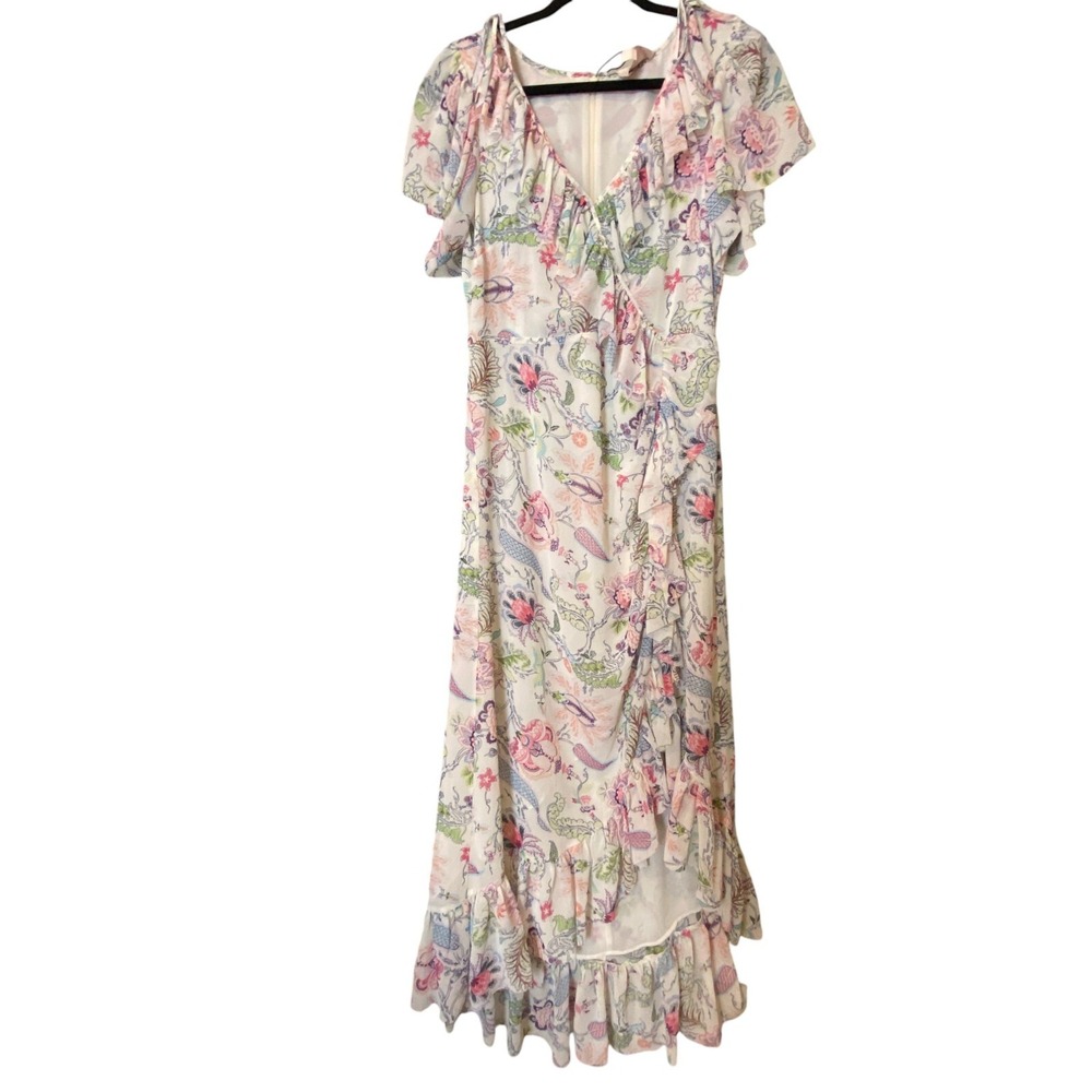 Cinq à Sept Sheilla Ruffled V Neck Midi Dress Celeste Multi Womens Size 6 NWT